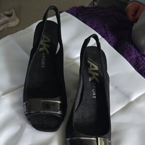 Anne Klein Black Slingback Peep-Toe Mules with Buckle Detail